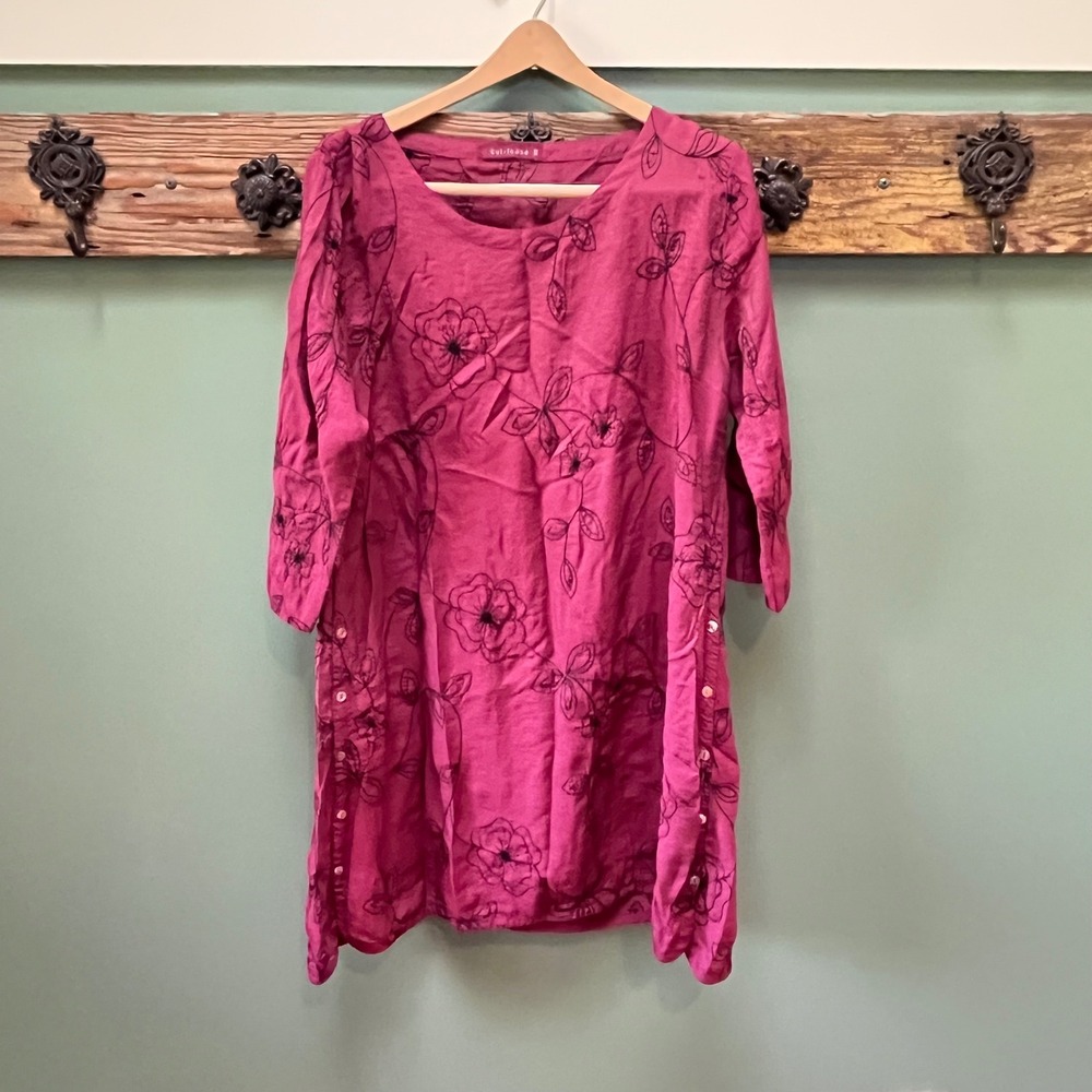 Cut Loose Pink Floral Embroidered Tunic Dress XS 3/4 Sleeve Side Button Detail